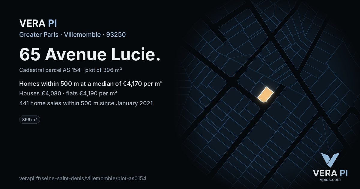 65 Avenue Lucie, Villemomble at night – the plot lit, the parcels around coloured by the prices near them
