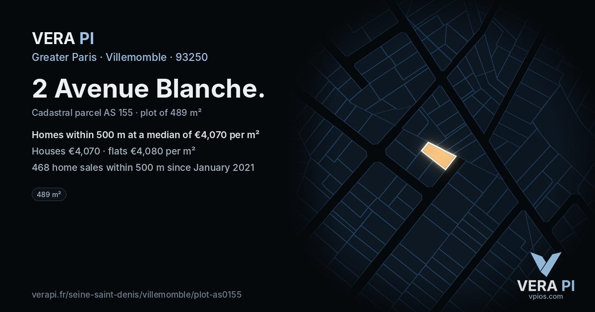 2 Avenue Blanche, Villemomble at night – the plot lit, the parcels around coloured by the prices near them