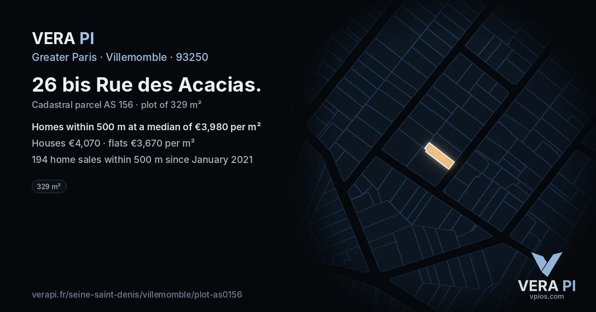26 bis Rue des Acacias, Villemomble at night – the plot lit, the parcels around coloured by the prices near them