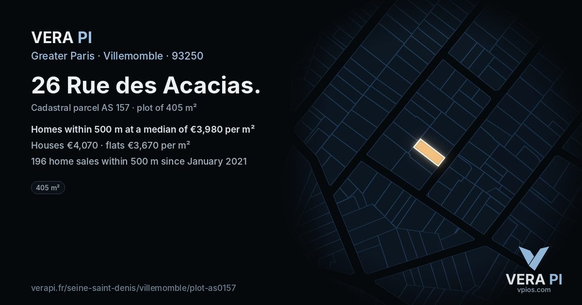 26 Rue des Acacias, Villemomble at night – the plot lit, the parcels around coloured by the prices near them