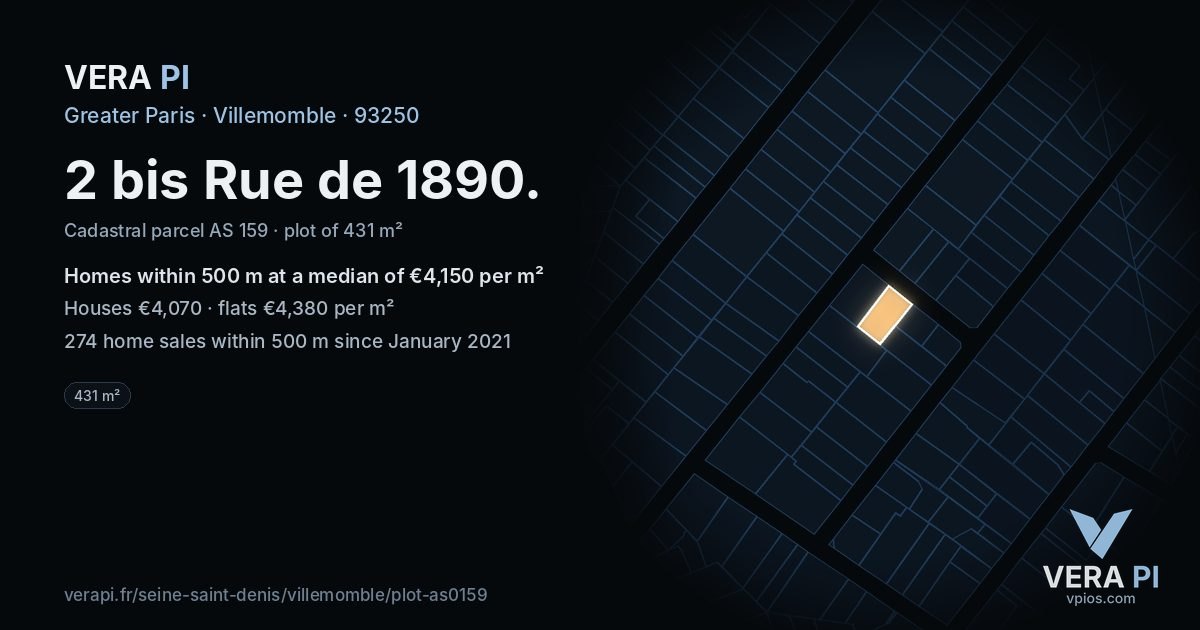 2 bis Rue de 1890, Villemomble at night – the plot lit, the parcels around coloured by the prices near them