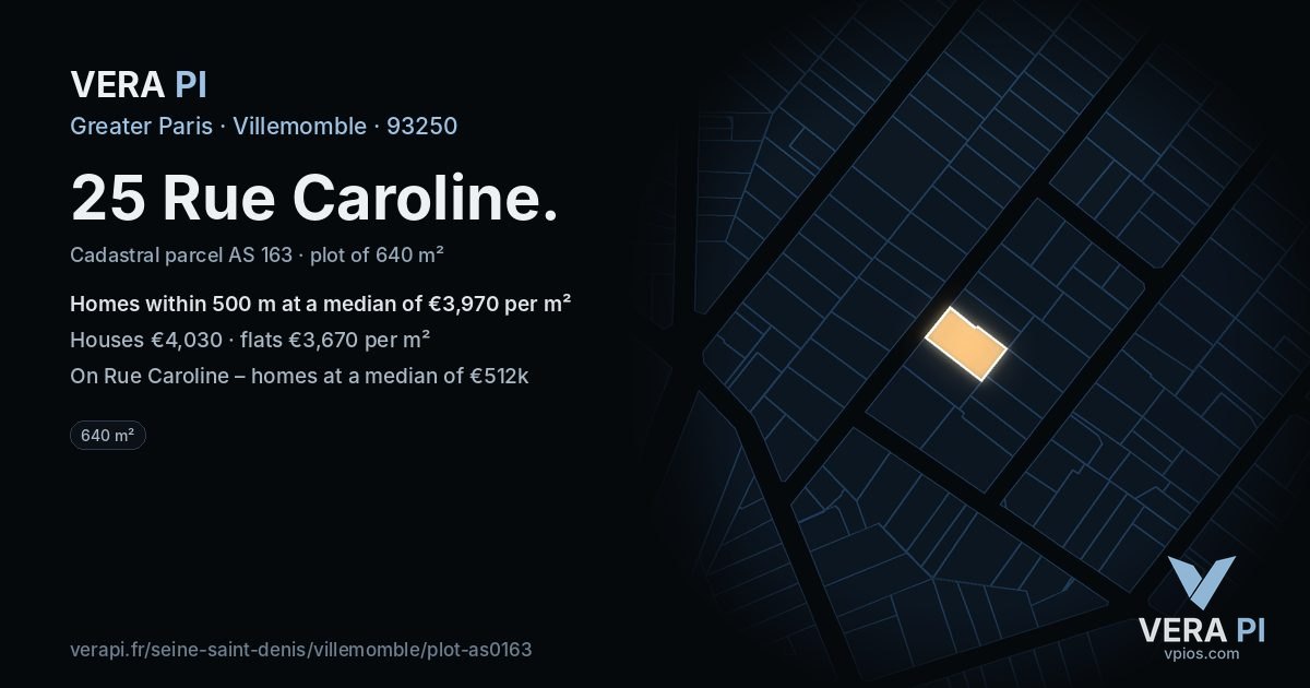 25 Rue Caroline, Villemomble at night – the plot lit, the parcels around coloured by the prices near them