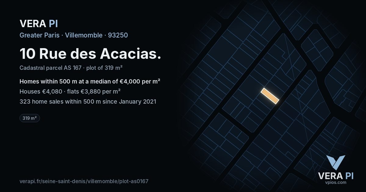 10 Rue des Acacias, Villemomble at night – the plot lit, the parcels around coloured by the prices near them
