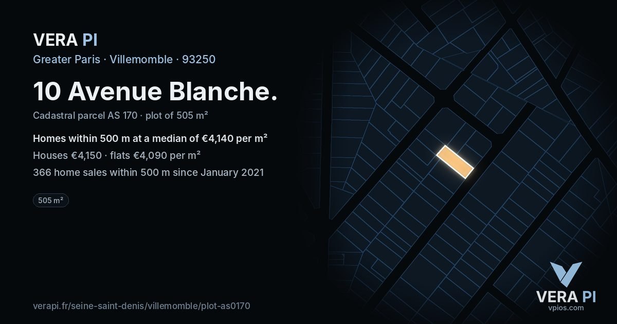 10 Avenue Blanche, Villemomble at night – the plot lit, the parcels around coloured by the prices near them