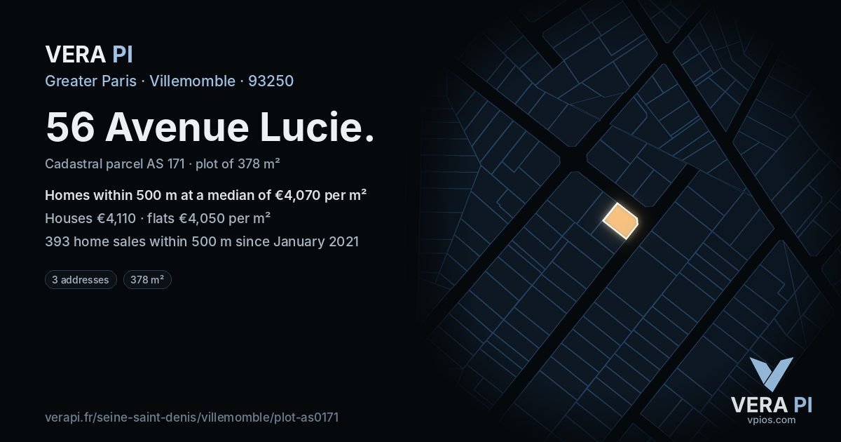 56 Avenue Lucie, Villemomble at night – the plot lit, the parcels around coloured by the prices near them