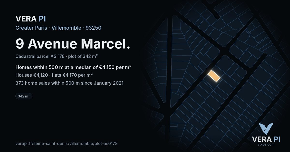 9 Avenue Marcel, Villemomble at night – the plot lit, the parcels around coloured by the prices near them