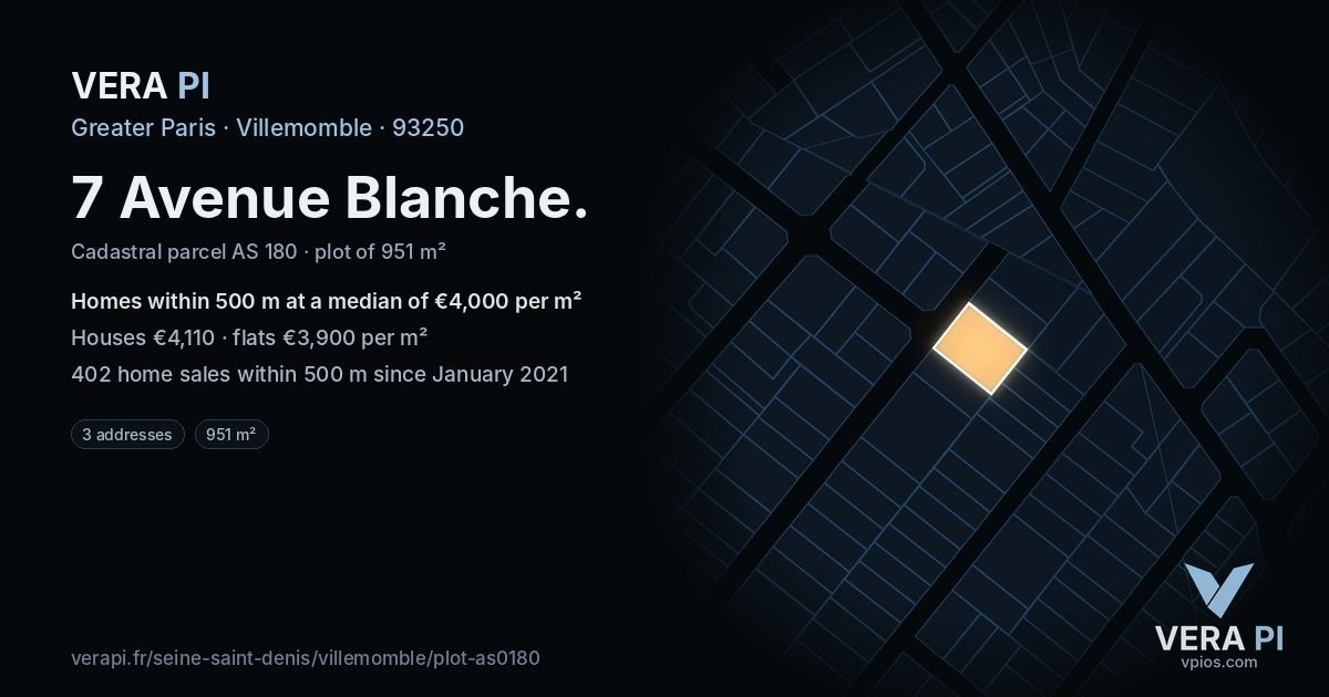 7 Avenue Blanche, Villemomble at night – the plot lit, the parcels around coloured by the prices near them