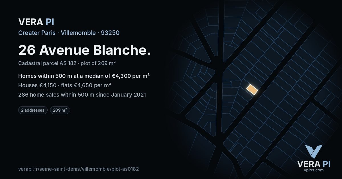 26 Avenue Blanche, Villemomble at night – the plot lit, the parcels around coloured by the prices near them