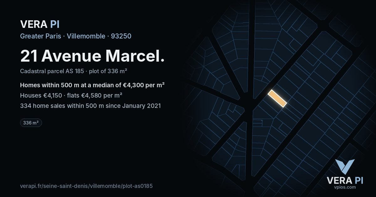 21 Avenue Marcel, Villemomble at night – the plot lit, the parcels around coloured by the prices near them