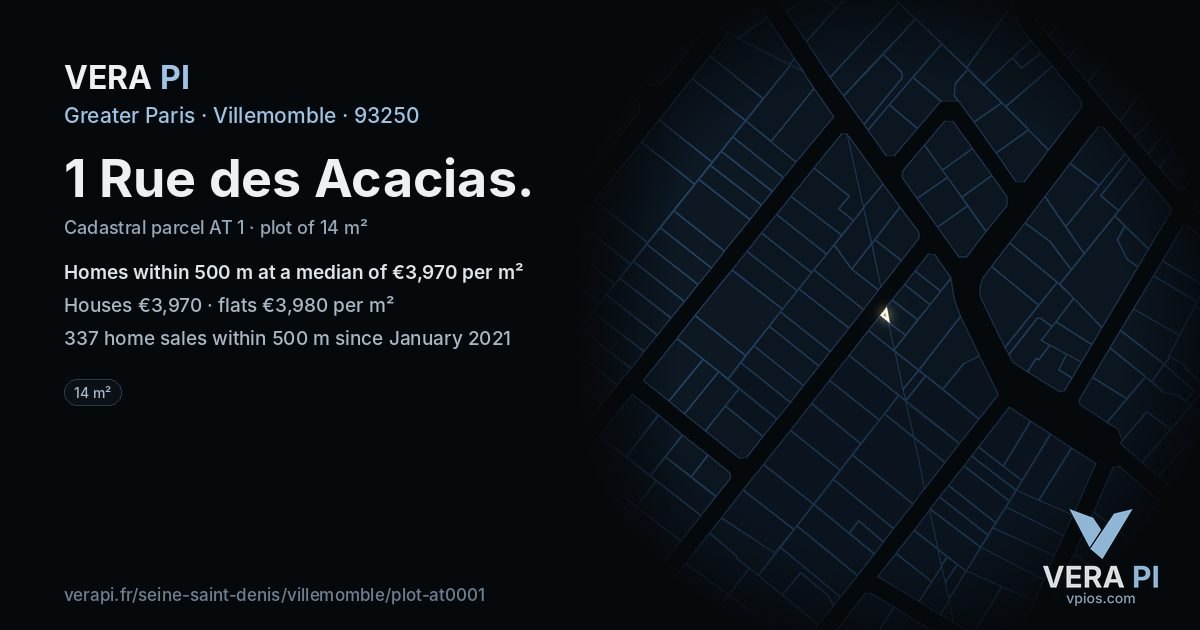 1 Rue des Acacias, Villemomble at night – the plot lit, the parcels around coloured by the prices near them