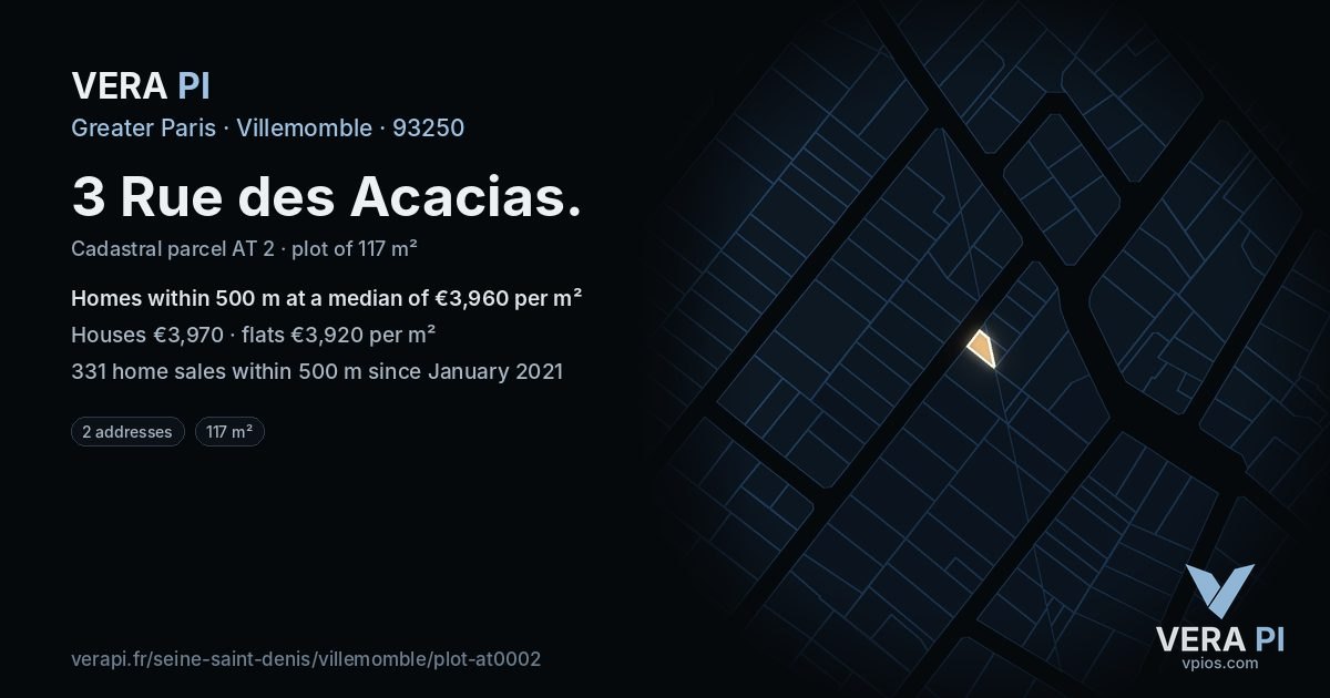 3 Rue des Acacias, Villemomble at night – the plot lit, the parcels around coloured by the prices near them