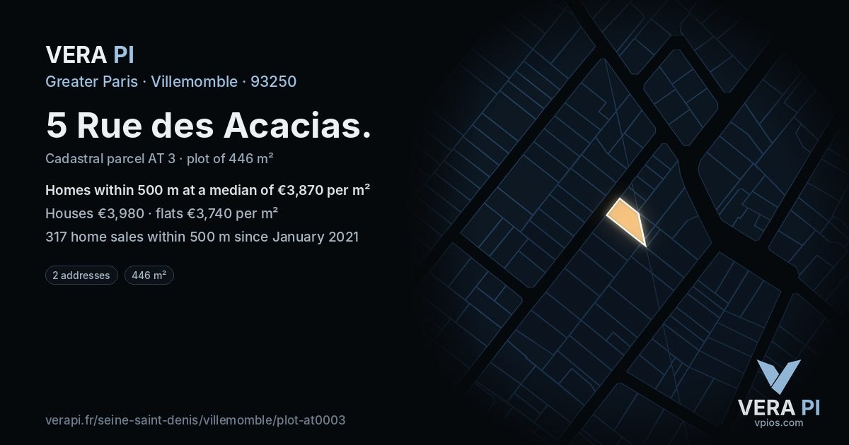 5 Rue des Acacias, Villemomble at night – the plot lit, the parcels around coloured by the prices near them