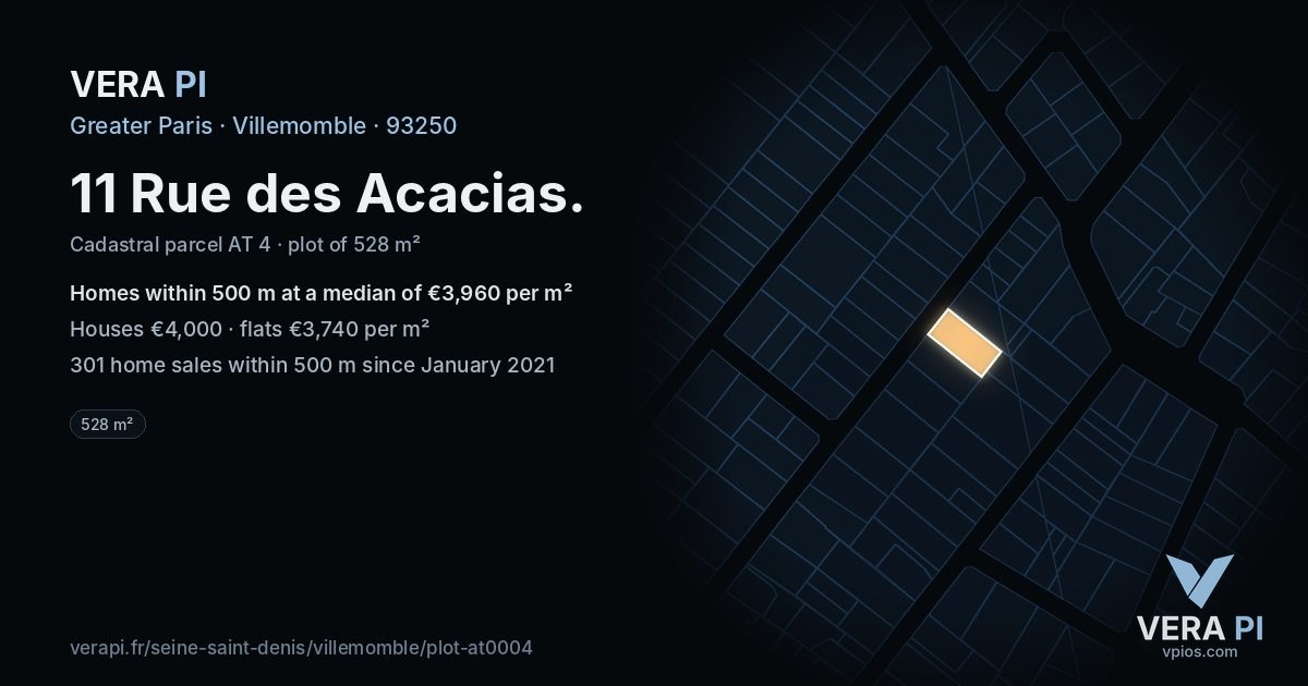 11 Rue des Acacias, Villemomble at night – the plot lit, the parcels around coloured by the prices near them