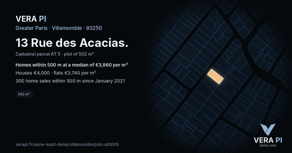 13 Rue des Acacias, Villemomble at night – the plot lit, the parcels around coloured by the prices near them