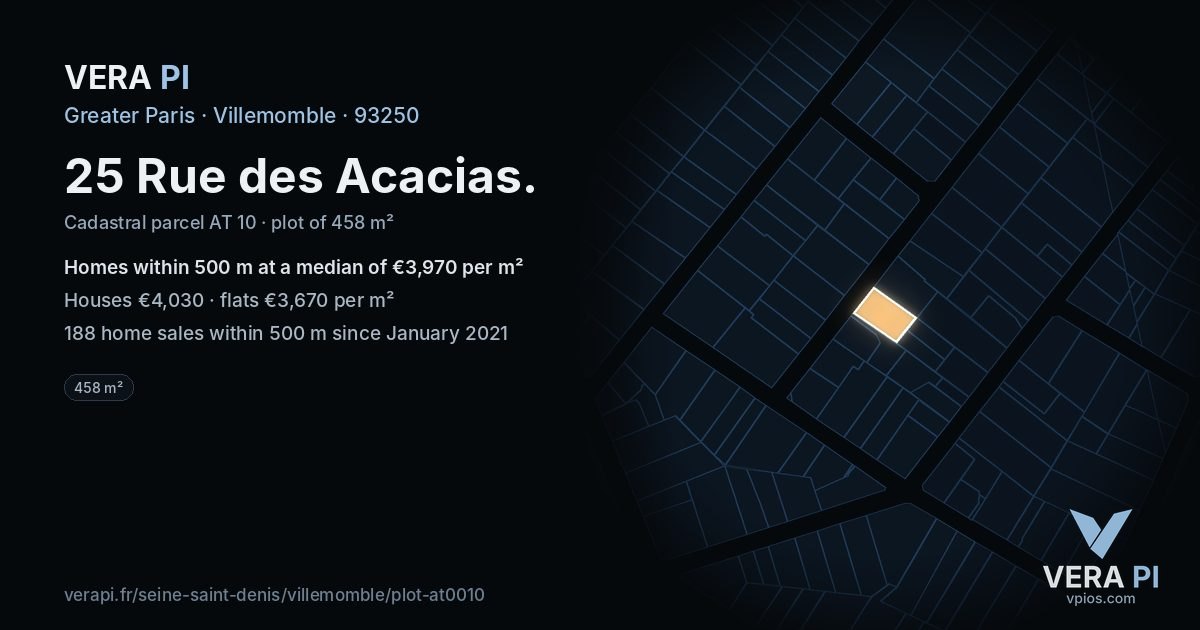 25 Rue des Acacias, Villemomble at night – the plot lit, the parcels around coloured by the prices near them