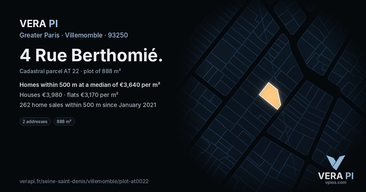 4 Rue Berthomié, Villemomble at night – the plot lit, the parcels around coloured by the prices near them