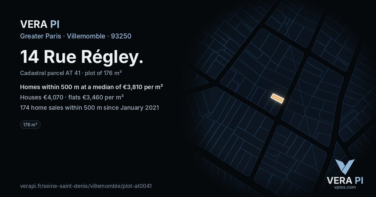 14 Rue Régley, Villemomble at night – the plot lit, the parcels around coloured by the prices near them