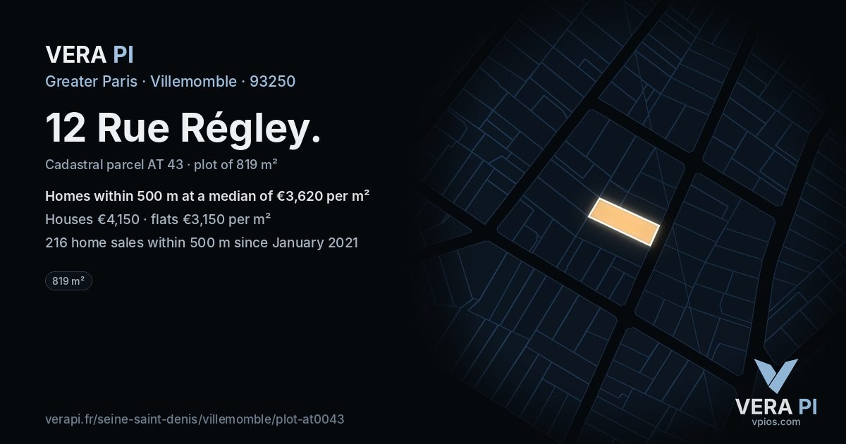 12 Rue Régley, Villemomble at night – the plot lit, the parcels around coloured by the prices near them