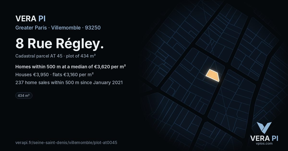 8 Rue Régley, Villemomble at night – the plot lit, the parcels around coloured by the prices near them