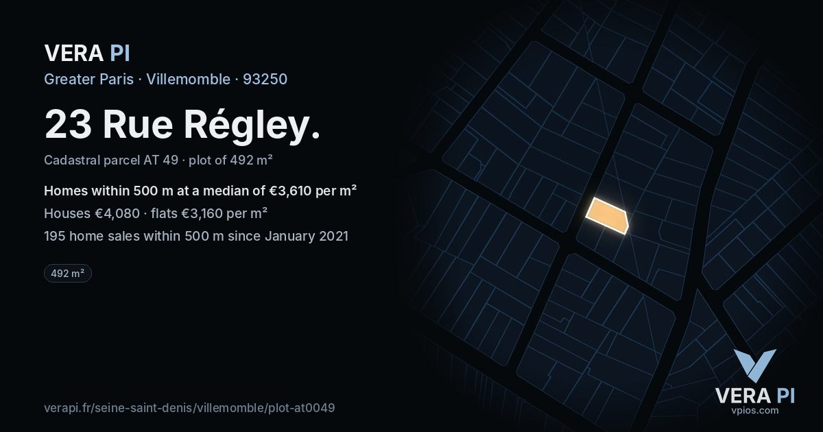 23 Rue Régley, Villemomble at night – the plot lit, the parcels around coloured by the prices near them