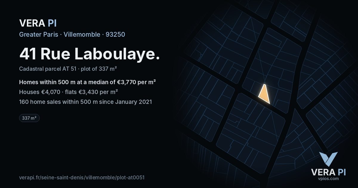 41 Rue Laboulaye, Villemomble at night – the plot lit, the parcels around coloured by the prices near them