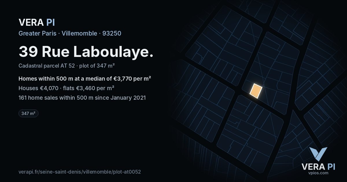 39 Rue Laboulaye, Villemomble at night – the plot lit, the parcels around coloured by the prices near them