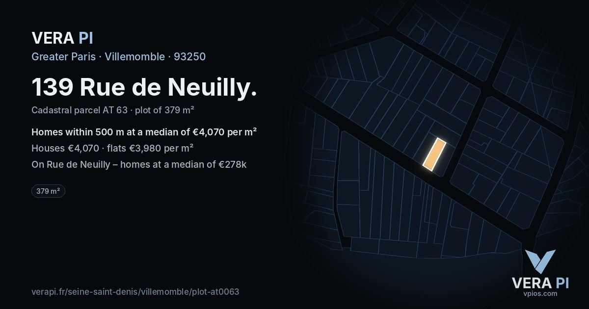 139 Rue de Neuilly, Villemomble at night – the plot lit, the parcels around coloured by the prices near them