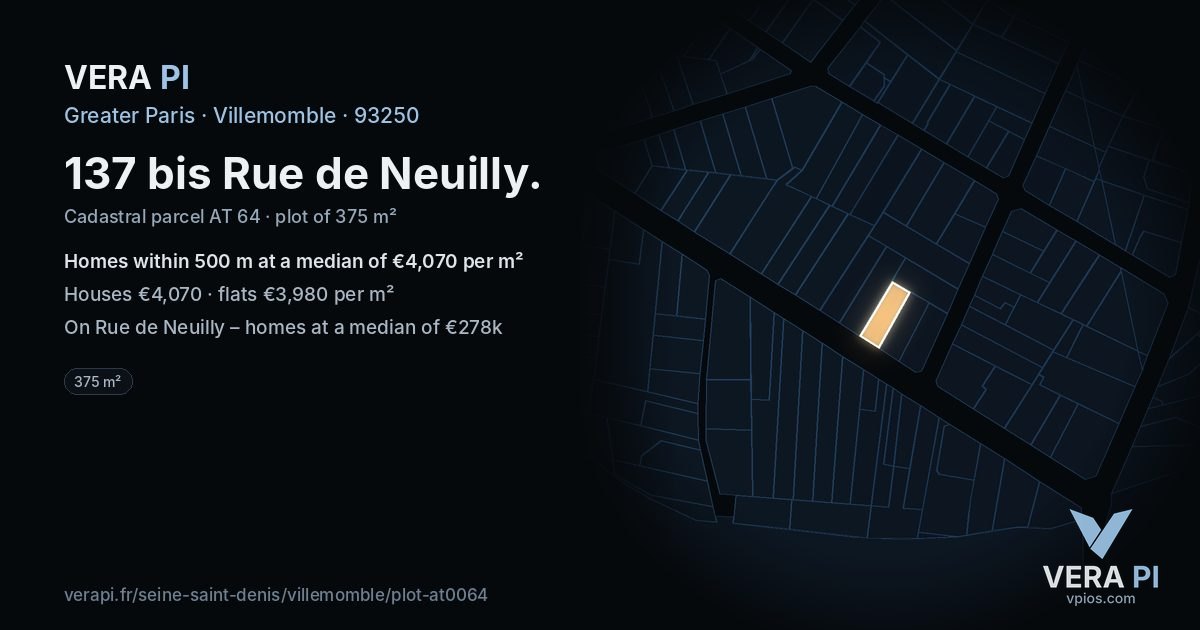 137 bis Rue de Neuilly, Villemomble at night – the plot lit, the parcels around coloured by the prices near them