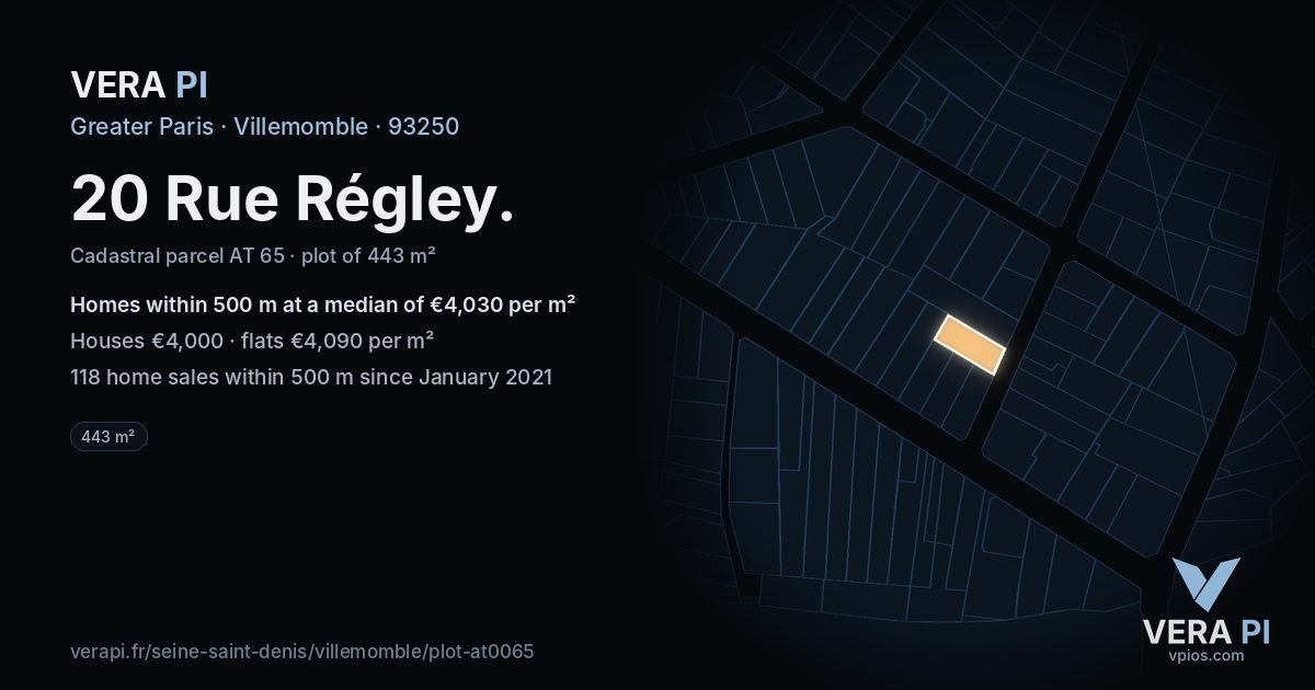 20 Rue Régley, Villemomble at night – the plot lit, the parcels around coloured by the prices near them
