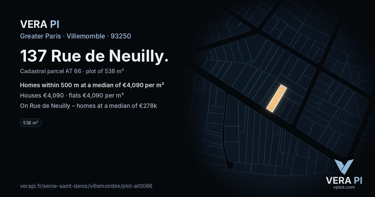 137 Rue de Neuilly, Villemomble at night – the plot lit, the parcels around coloured by the prices near them