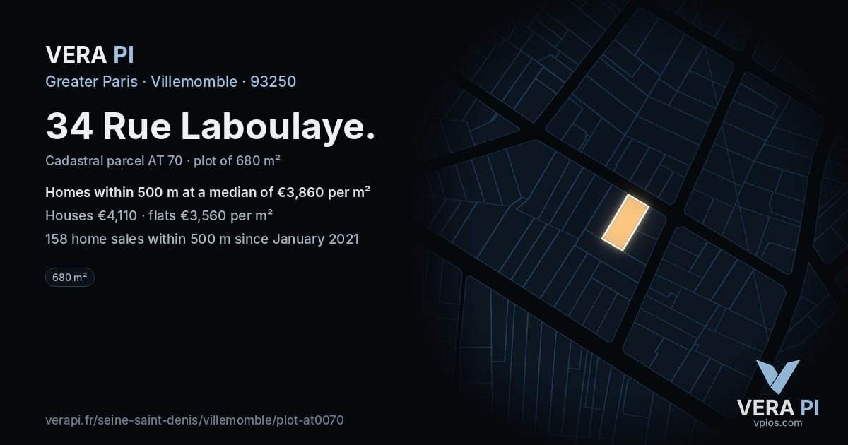 34 Rue Laboulaye, Villemomble at night – the plot lit, the parcels around coloured by the prices near them