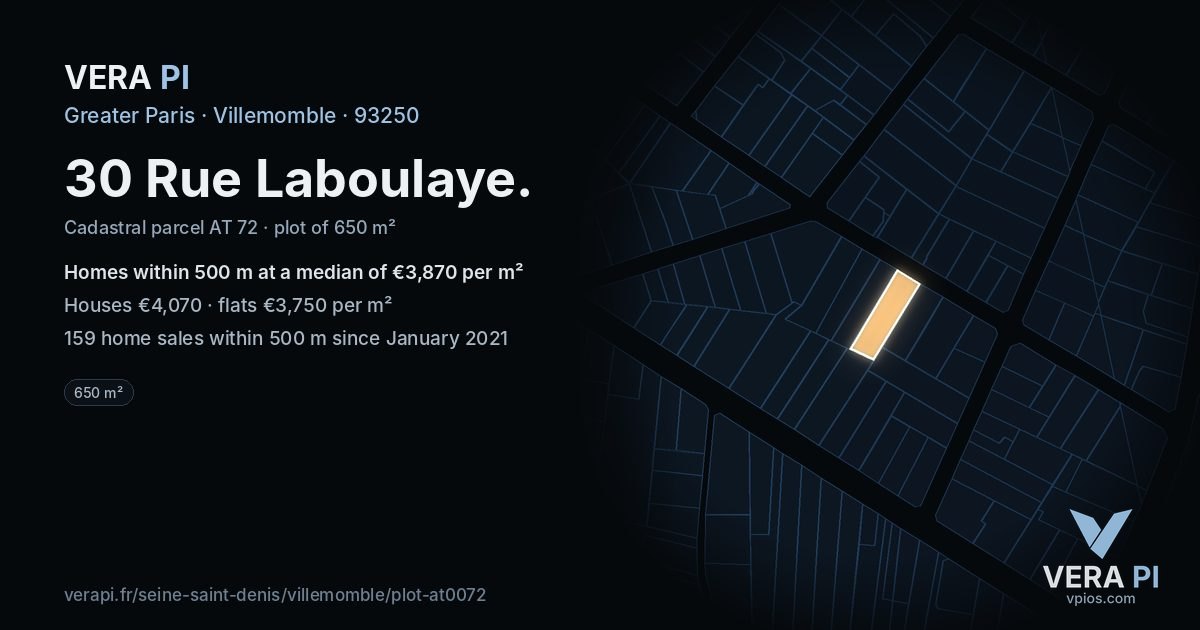 30 Rue Laboulaye, Villemomble at night – the plot lit, the parcels around coloured by the prices near them