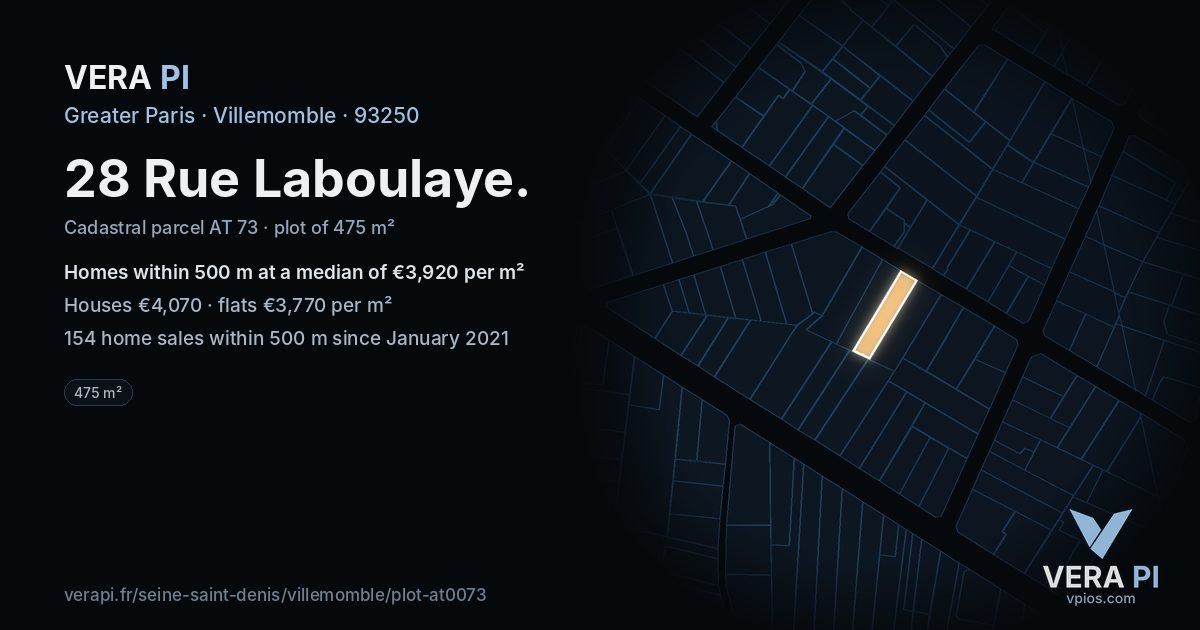 28 Rue Laboulaye, Villemomble at night – the plot lit, the parcels around coloured by the prices near them