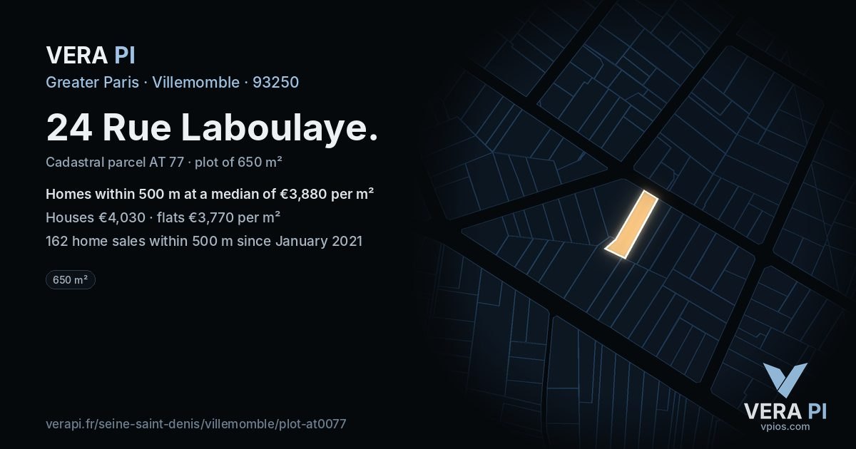 24 Rue Laboulaye, Villemomble at night – the plot lit, the parcels around coloured by the prices near them