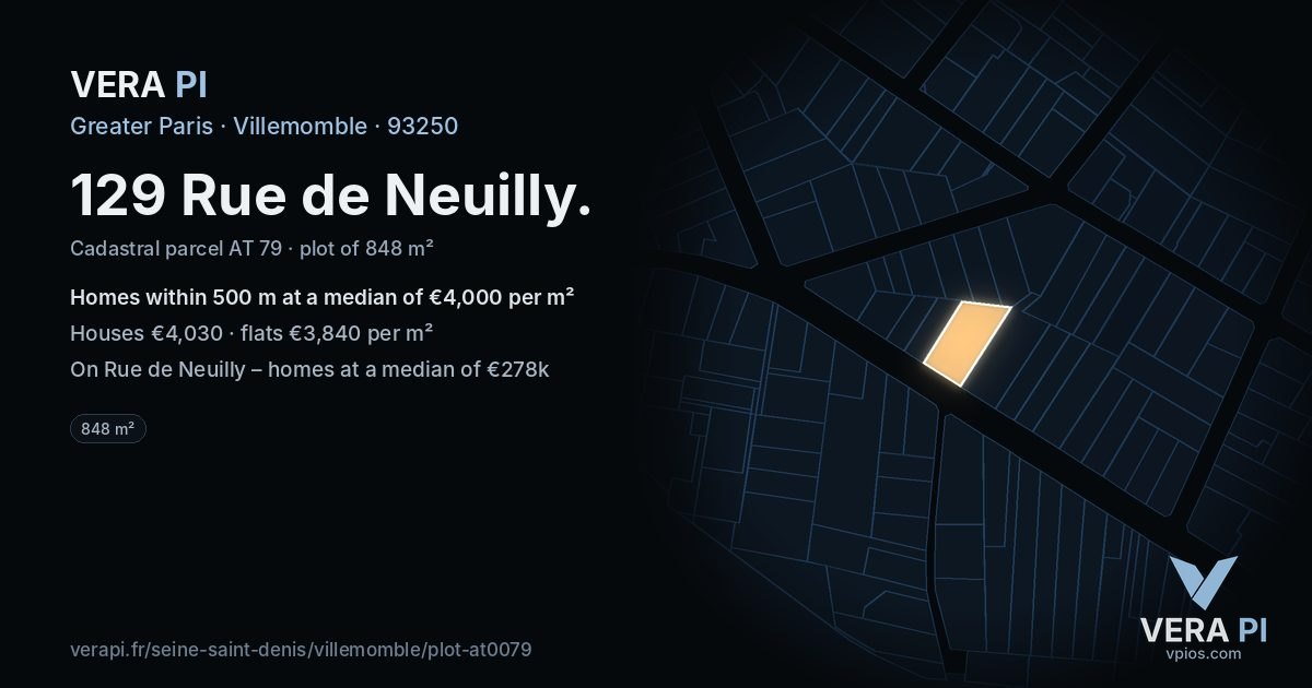 129 Rue de Neuilly, Villemomble at night – the plot lit, the parcels around coloured by the prices near them