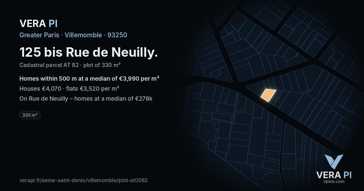 125 bis Rue de Neuilly, Villemomble at night – the plot lit, the parcels around coloured by the prices near them
