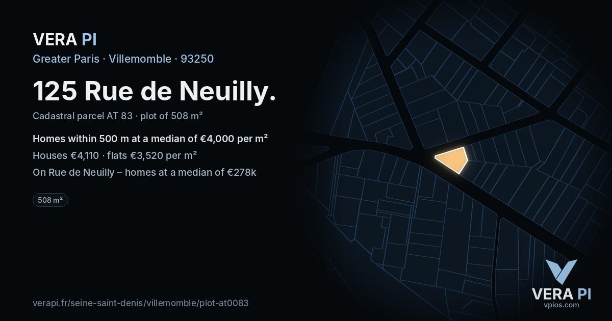125 Rue de Neuilly, Villemomble at night – the plot lit, the parcels around coloured by the prices near them