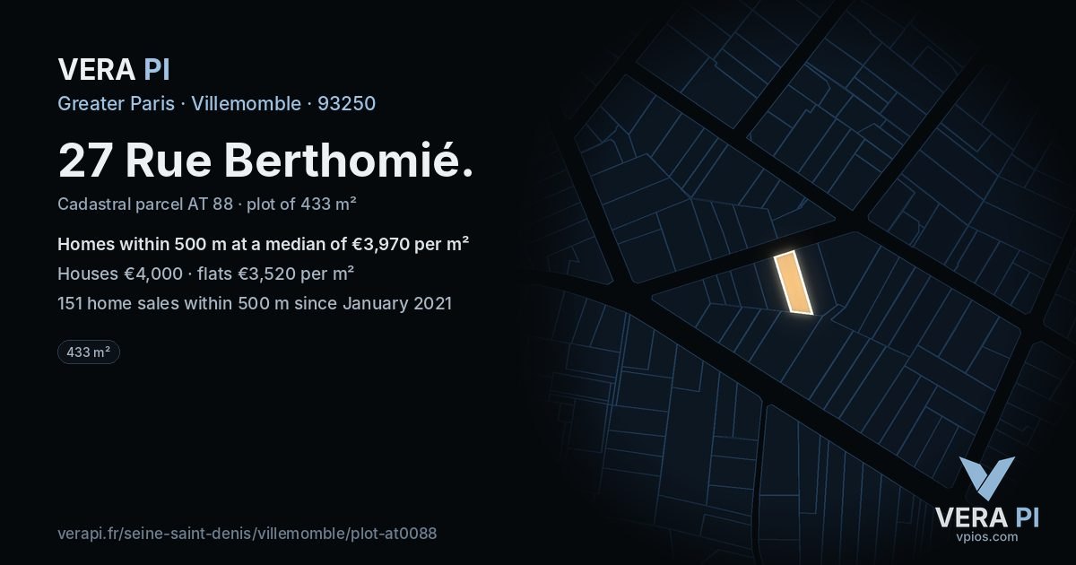 27 Rue Berthomié, Villemomble at night – the plot lit, the parcels around coloured by the prices near them