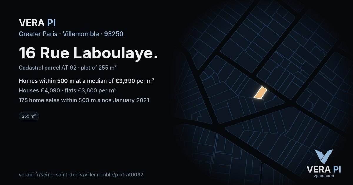 16 Rue Laboulaye, Villemomble at night – the plot lit, the parcels around coloured by the prices near them