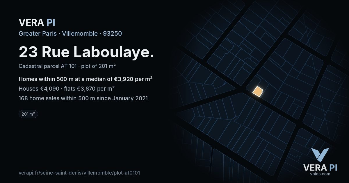 23 Rue Laboulaye, Villemomble at night – the plot lit, the parcels around coloured by the prices near them