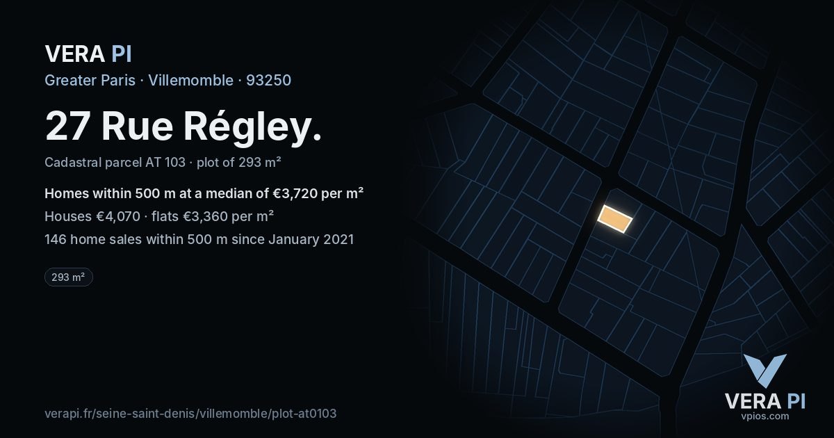 27 Rue Régley, Villemomble at night – the plot lit, the parcels around coloured by the prices near them