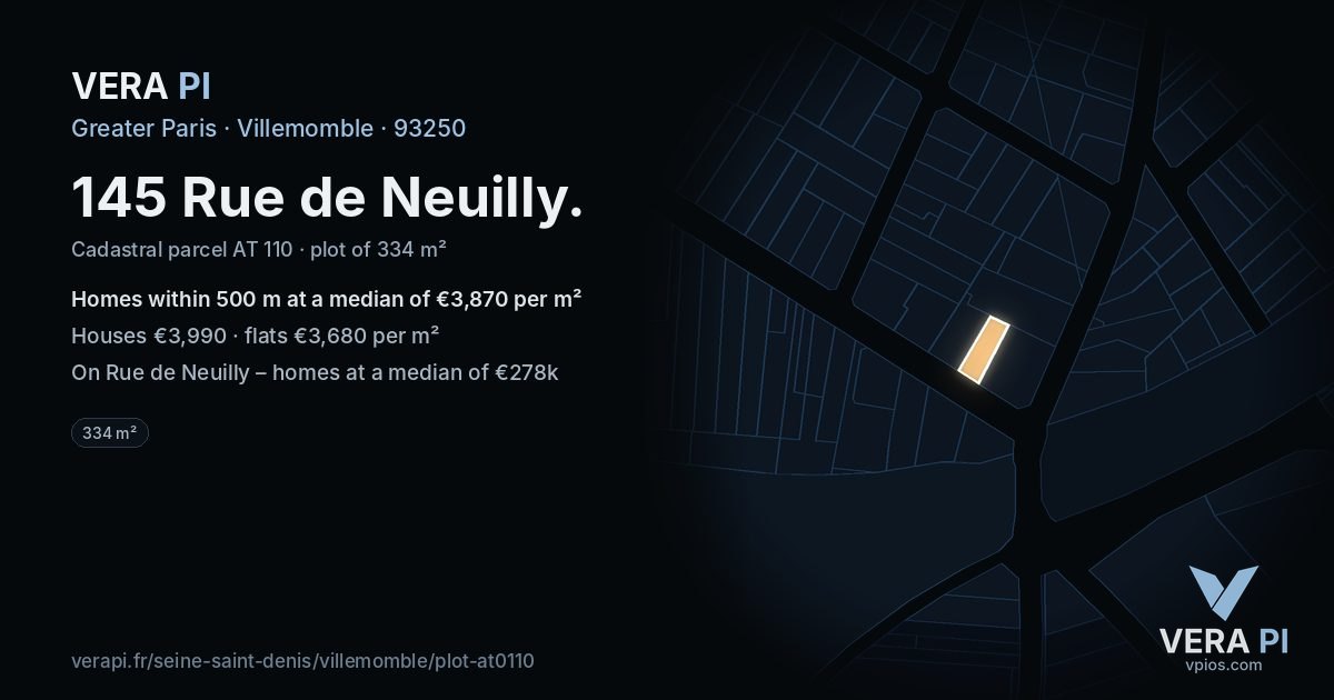 145 Rue de Neuilly, Villemomble at night – the plot lit, the parcels around coloured by the prices near them