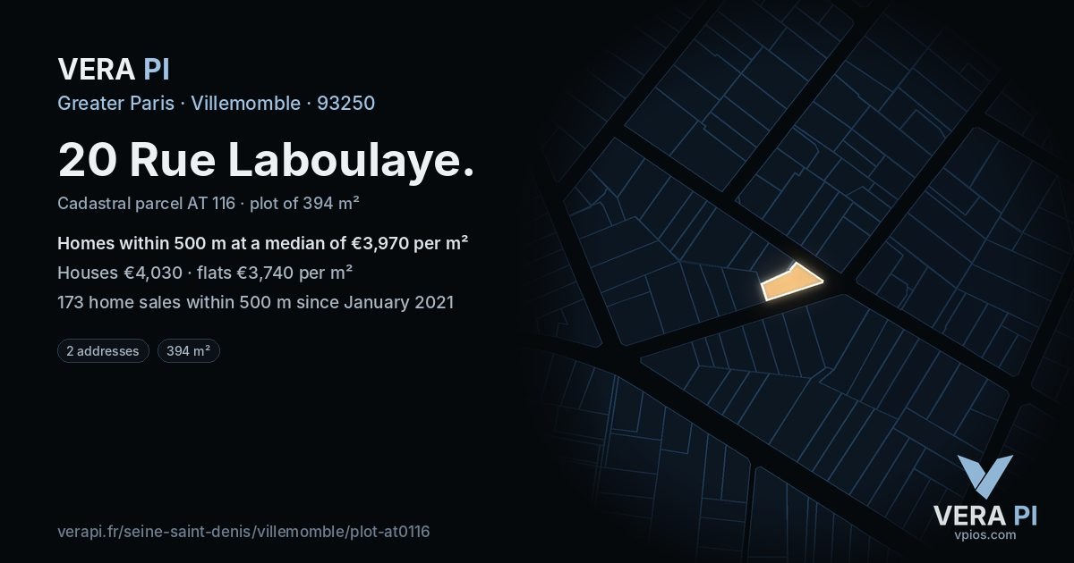 20 Rue Laboulaye, Villemomble at night – the plot lit, the parcels around coloured by the prices near them