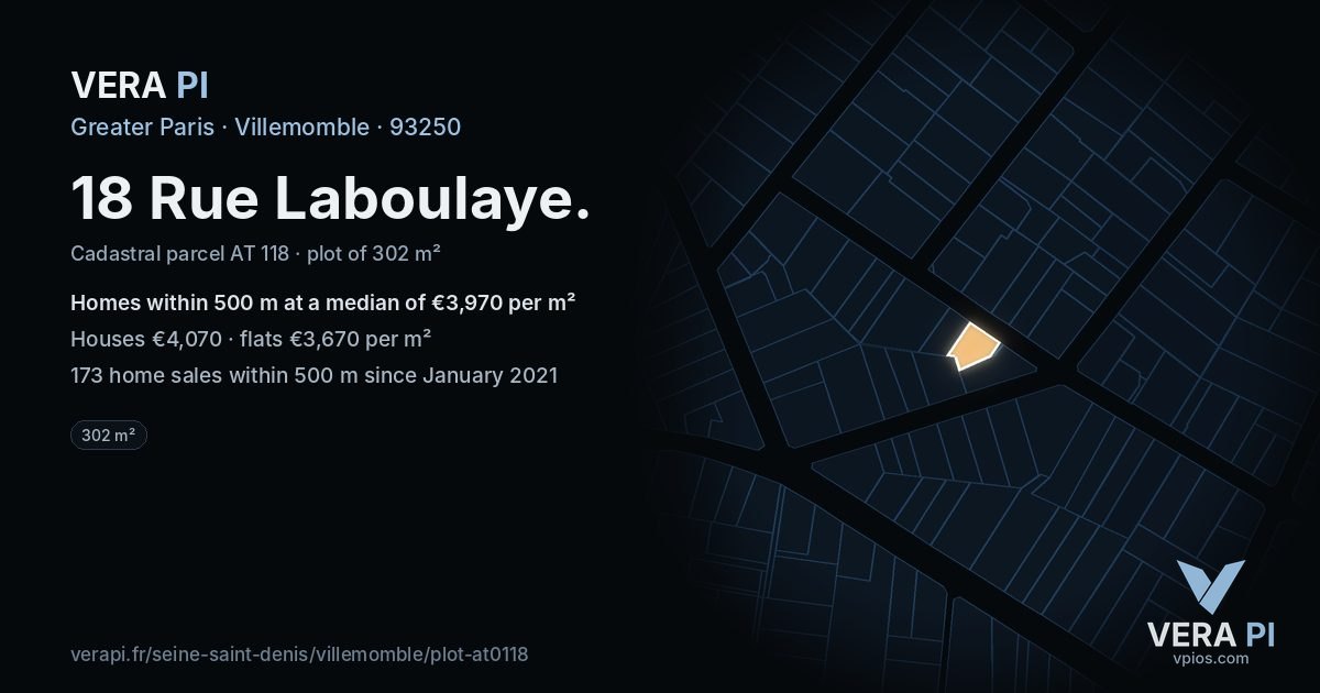 18 Rue Laboulaye, Villemomble at night – the plot lit, the parcels around coloured by the prices near them