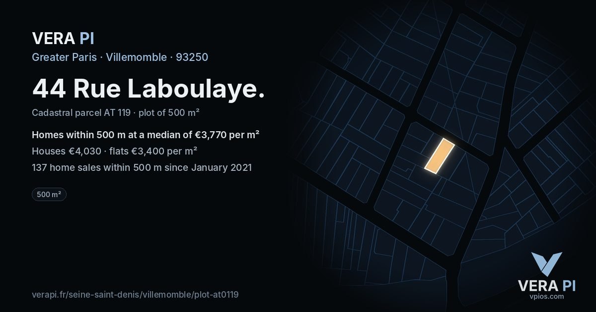 44 Rue Laboulaye, Villemomble at night – the plot lit, the parcels around coloured by the prices near them