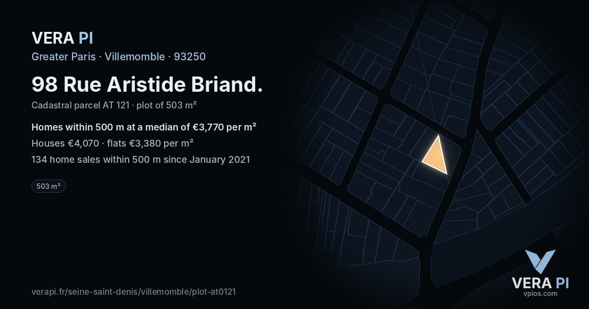 98 Rue Aristide Briand, Villemomble at night – the plot lit, the parcels around coloured by the prices near them