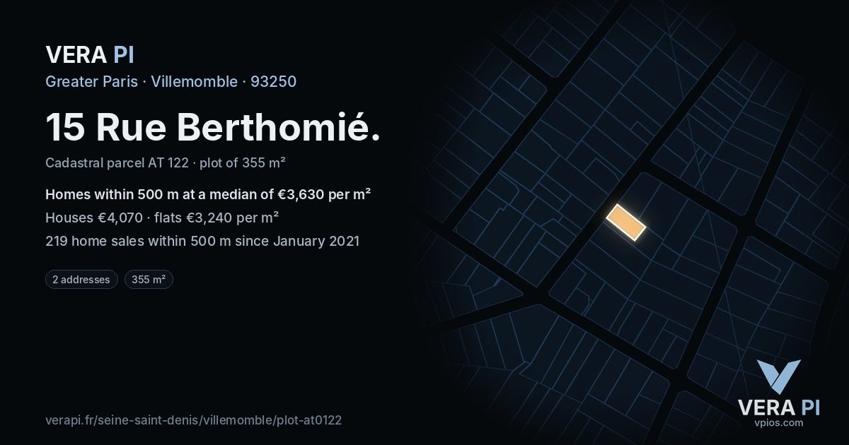 15 Rue Berthomié, Villemomble at night – the plot lit, the parcels around coloured by the prices near them
