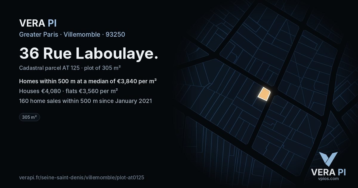 36 Rue Laboulaye, Villemomble at night – the plot lit, the parcels around coloured by the prices near them