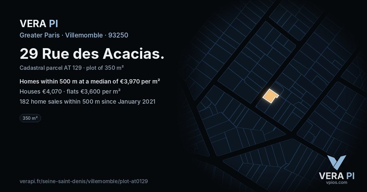 29 Rue des Acacias, Villemomble at night – the plot lit, the parcels around coloured by the prices near them