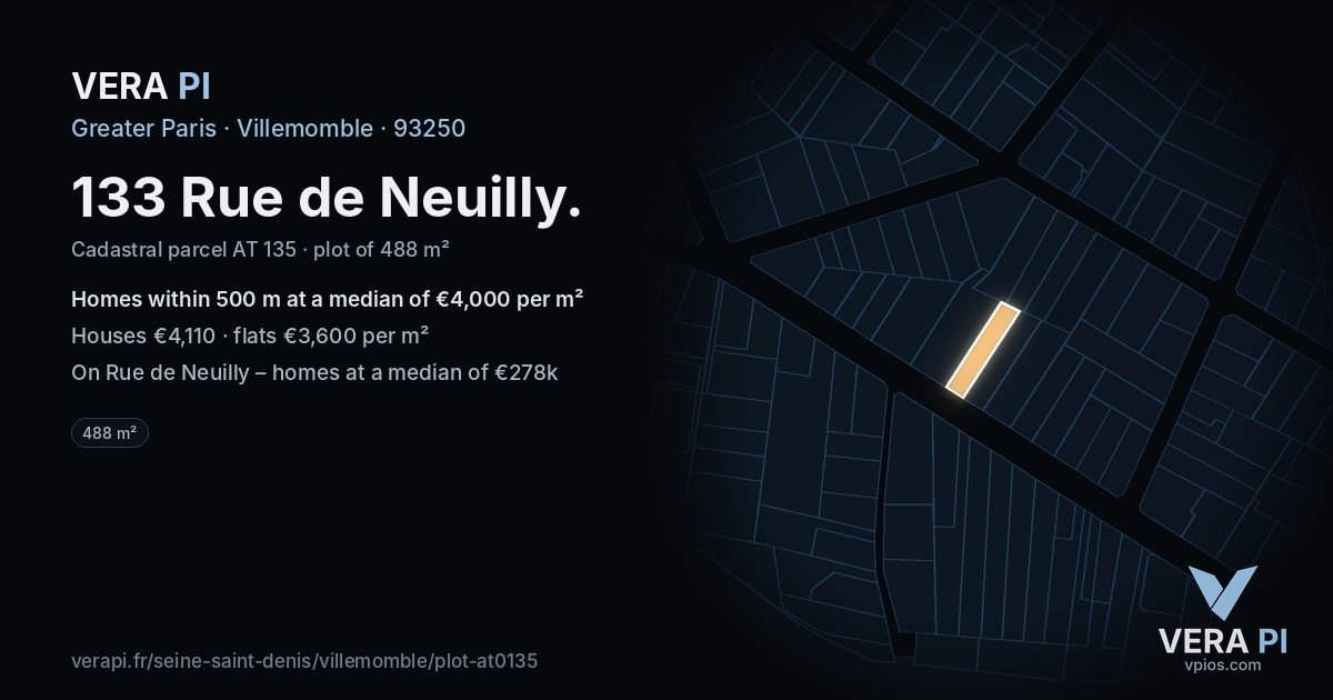 133 Rue de Neuilly, Villemomble at night – the plot lit, the parcels around coloured by the prices near them